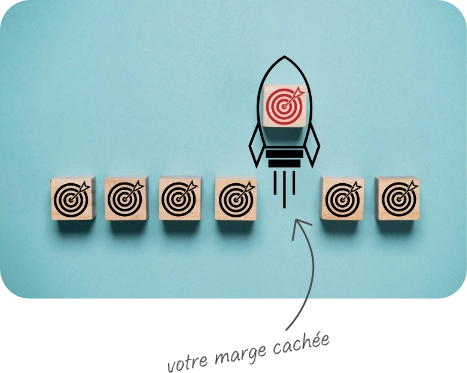 6 cubes cibles alignés avec une fusée embarquant la 7ème cible symbolisant la marge cachée