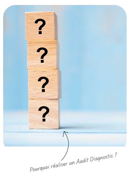 cubes empilés de points d'interrogation illustrant les objectifs d'un audit diagnostic
